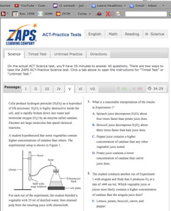 This is a screenshot of the ZAPS online ACT-Practice Test.